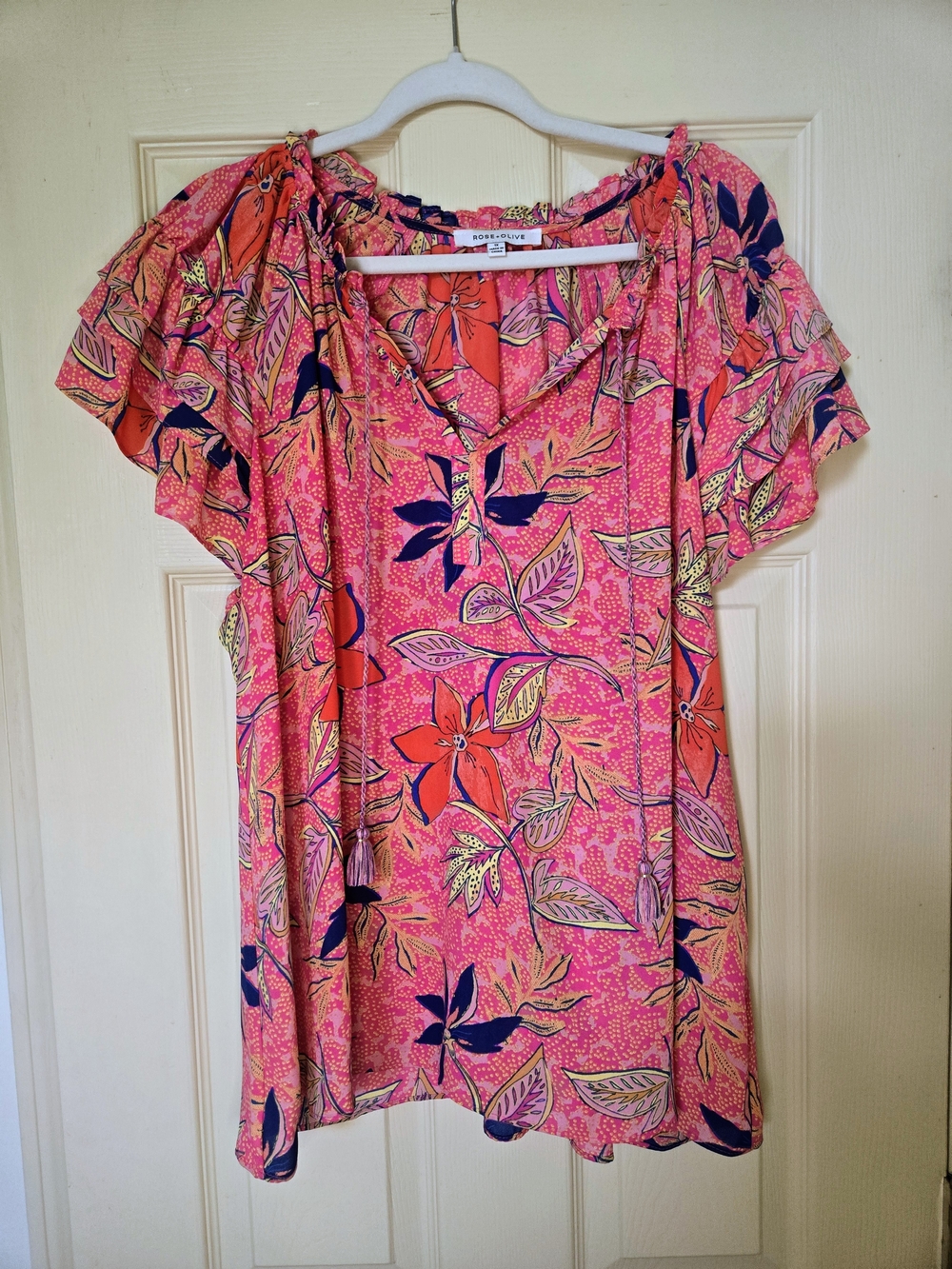 Rose & Olive Pink Floral Tie-Neck Ruffle Sleeve Blouse